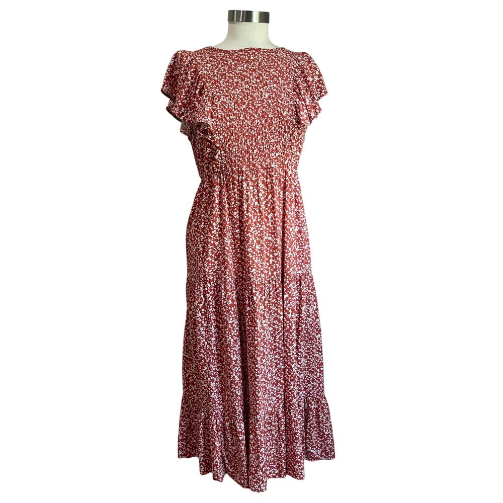 Old Navy White & Orange Floral Ruffle Sleeve Smocked Bodice Midi Dress Sz M